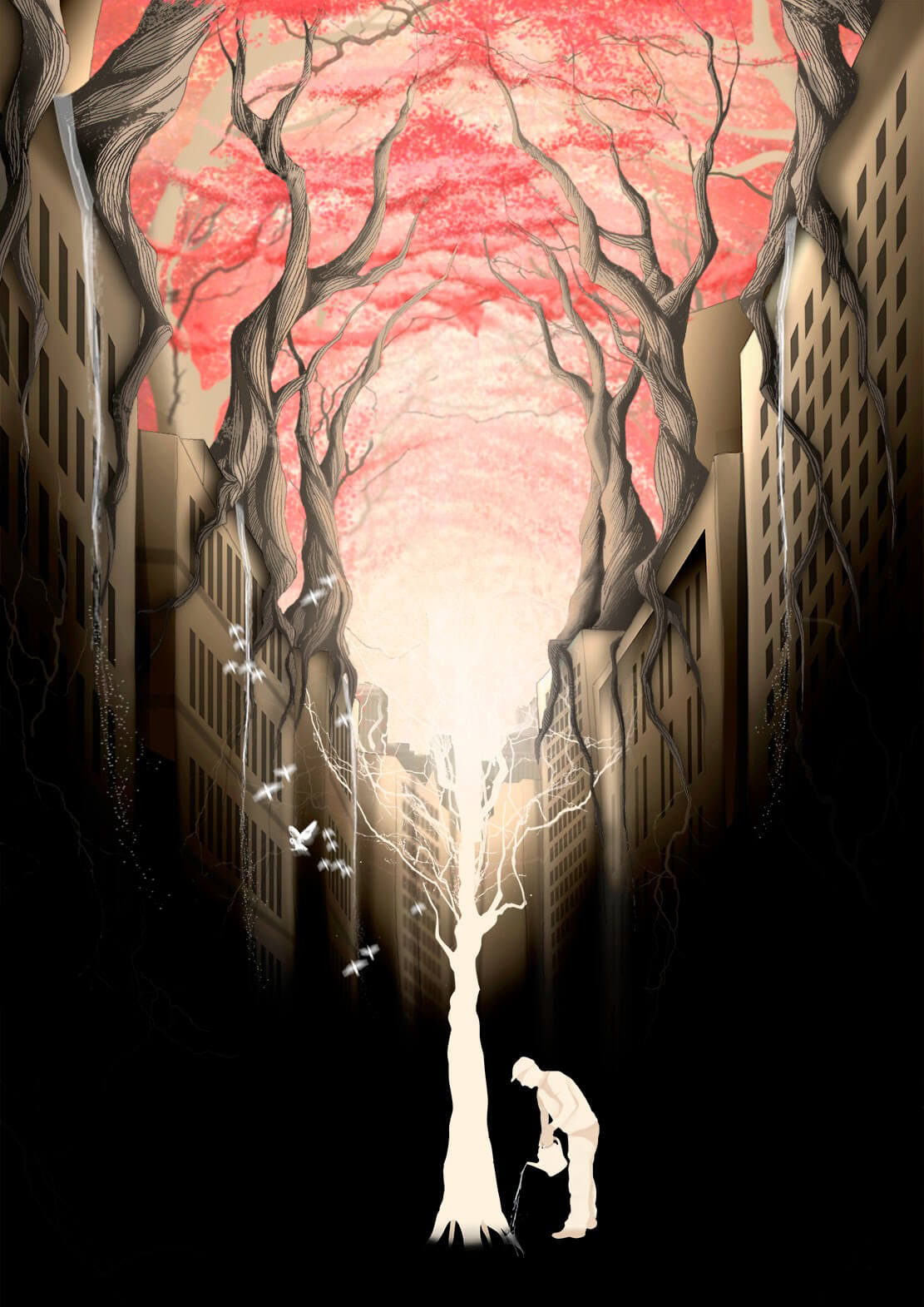 Forêt rouge en croissance au-dessus de la ville - Original
