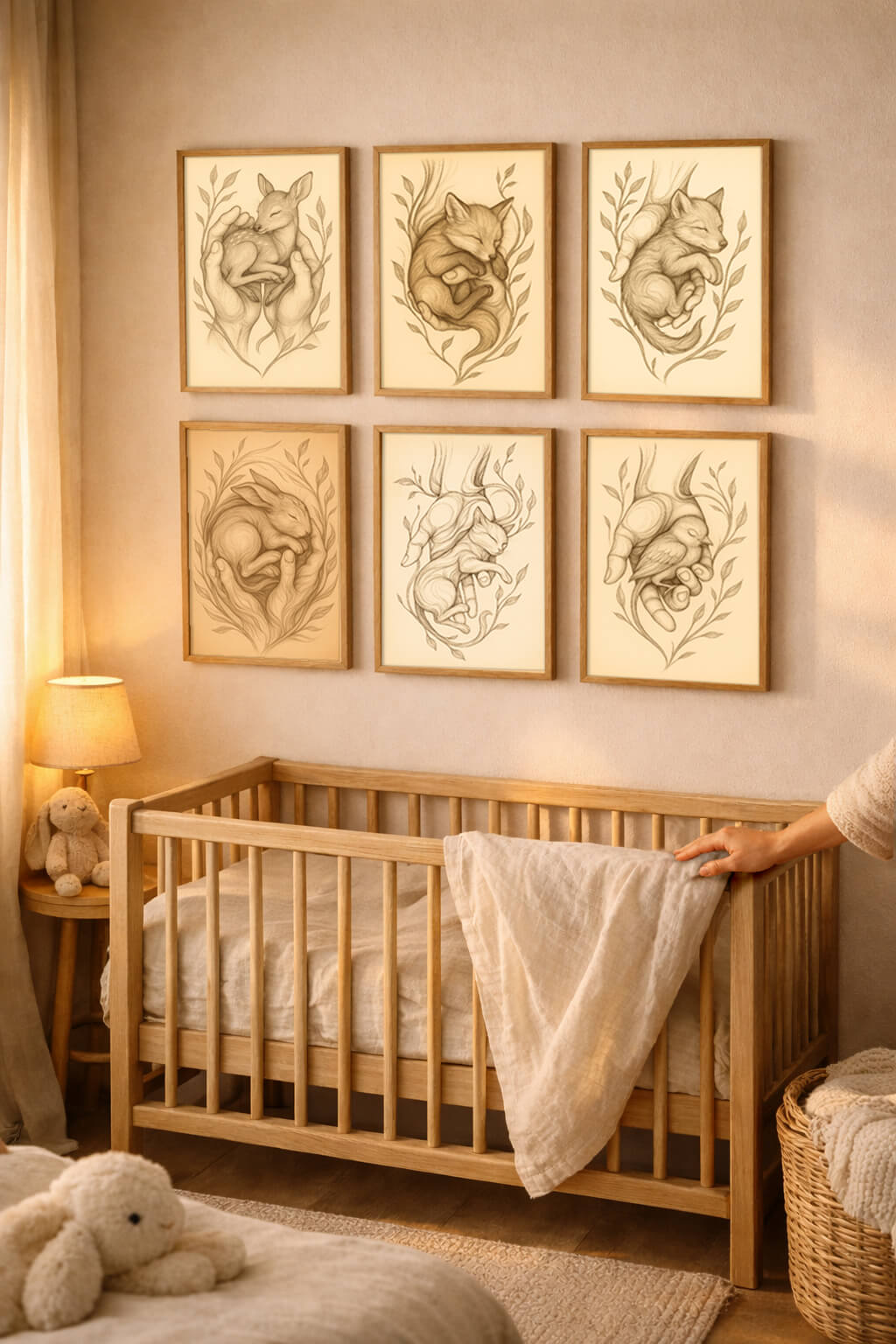 baby room wall art set with 6 animal prints in warm nursery above crib, calming and meaningful newborn decor