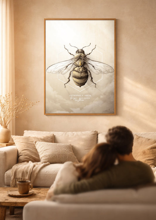 large bee artwork in cozy living room with warm light, couple sitting on sofa looking at wall art print