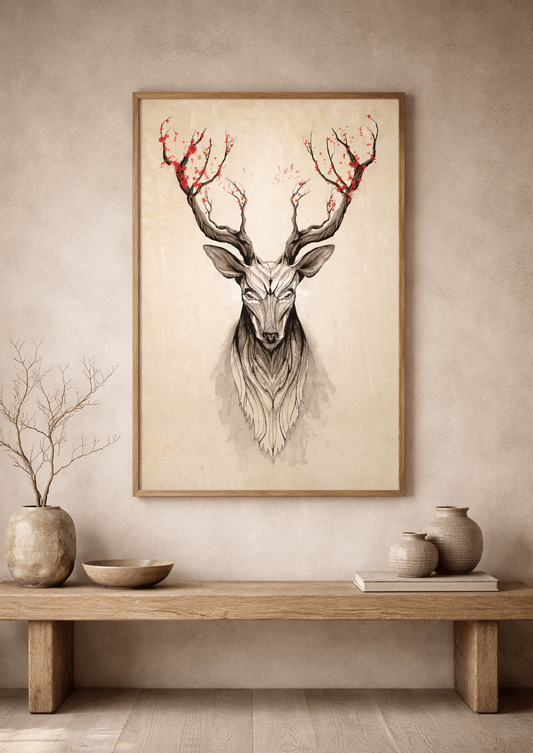 Framed deer wall art print with floral antlers in minimalist modern home decor