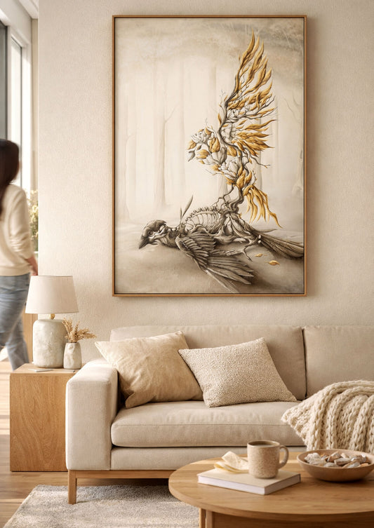Large animal wall art in modern living room with neutral tones and cozy minimalist decor