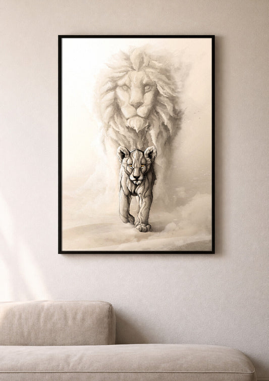 lion art print in black frame on neutral wall, minimal large wall art statement piece