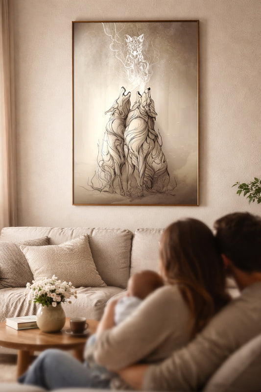 Wolf family wall art in warm living room with couple and newborn baby, symbolic artwork about life creation and emotional connection