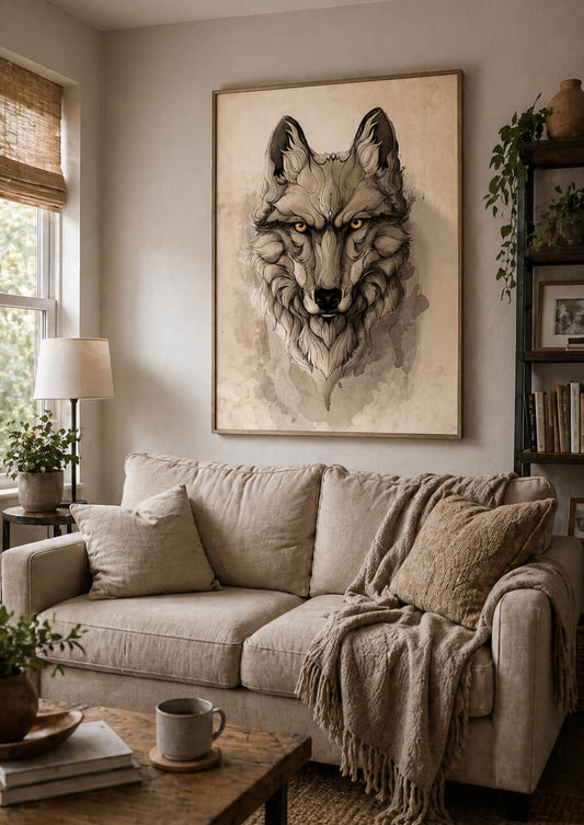 Large wolf wall art above sofa in warm neutral living room, modern rustic home decor, beige couch and cozy interior, framed wolf print statement piece