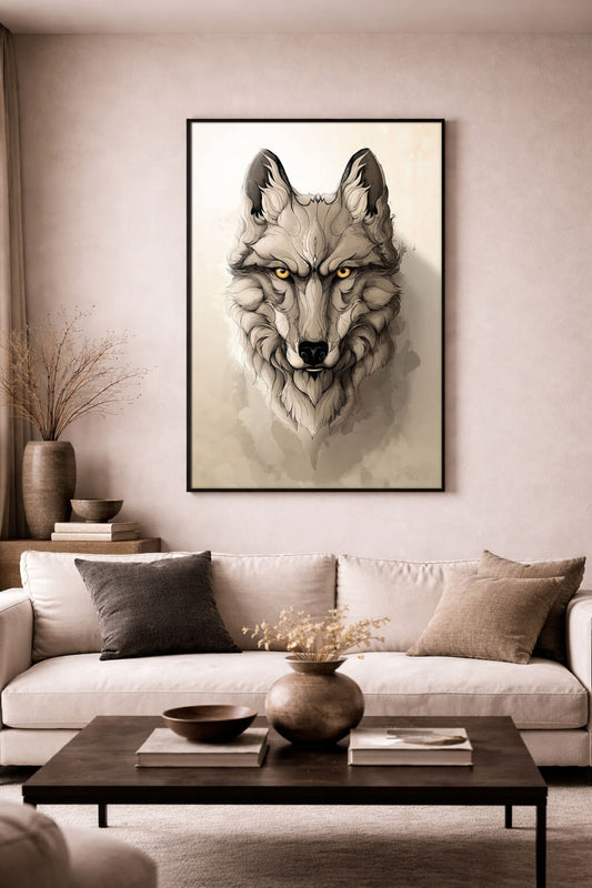 Framed wolf wall art print modern wildlife decor for living room