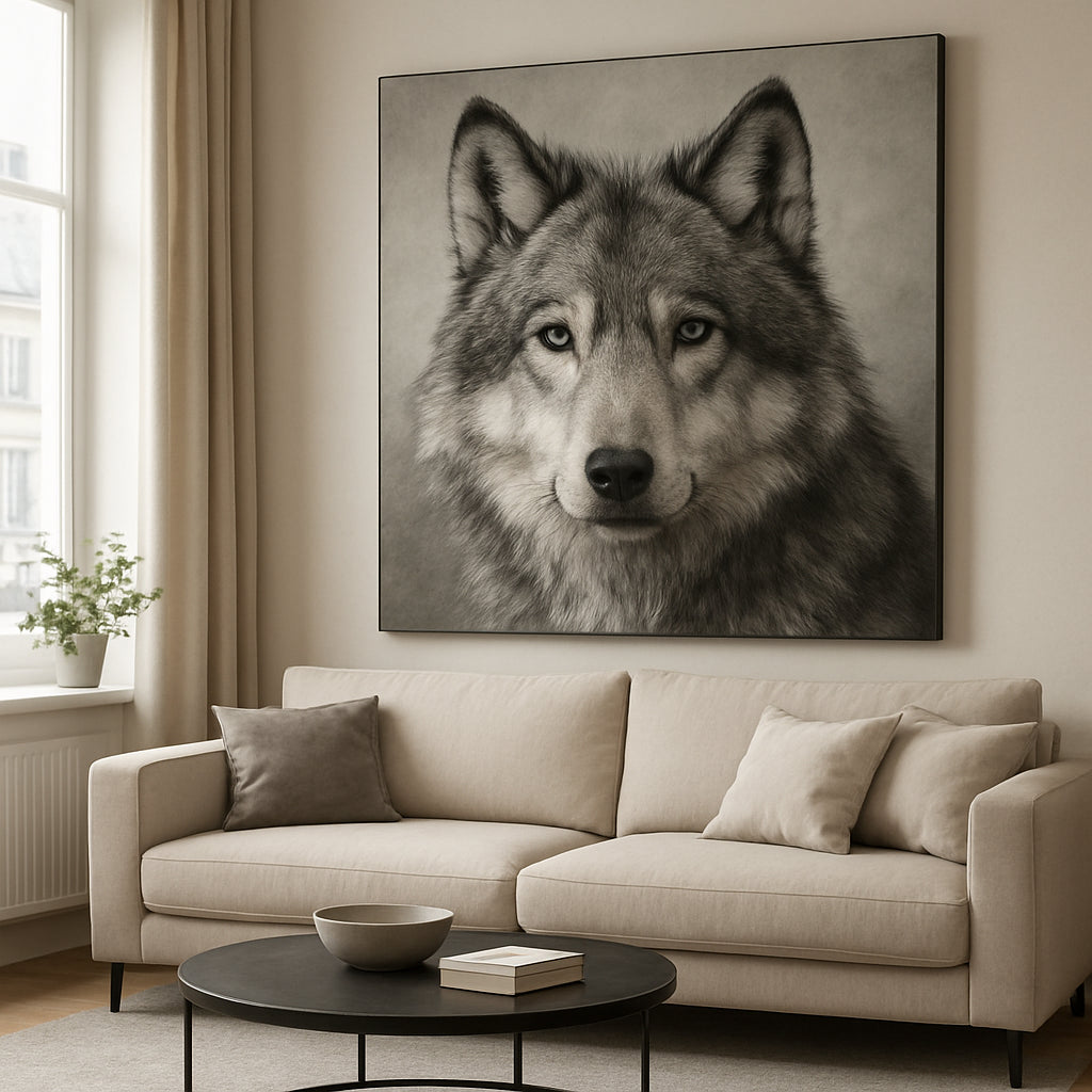 A sleek modern living room with a large wolf art print hanging above a neutral sofa, soft natural light highlighting the print’s texture. Alt: wolf art print wall decor for contemporary interior design
