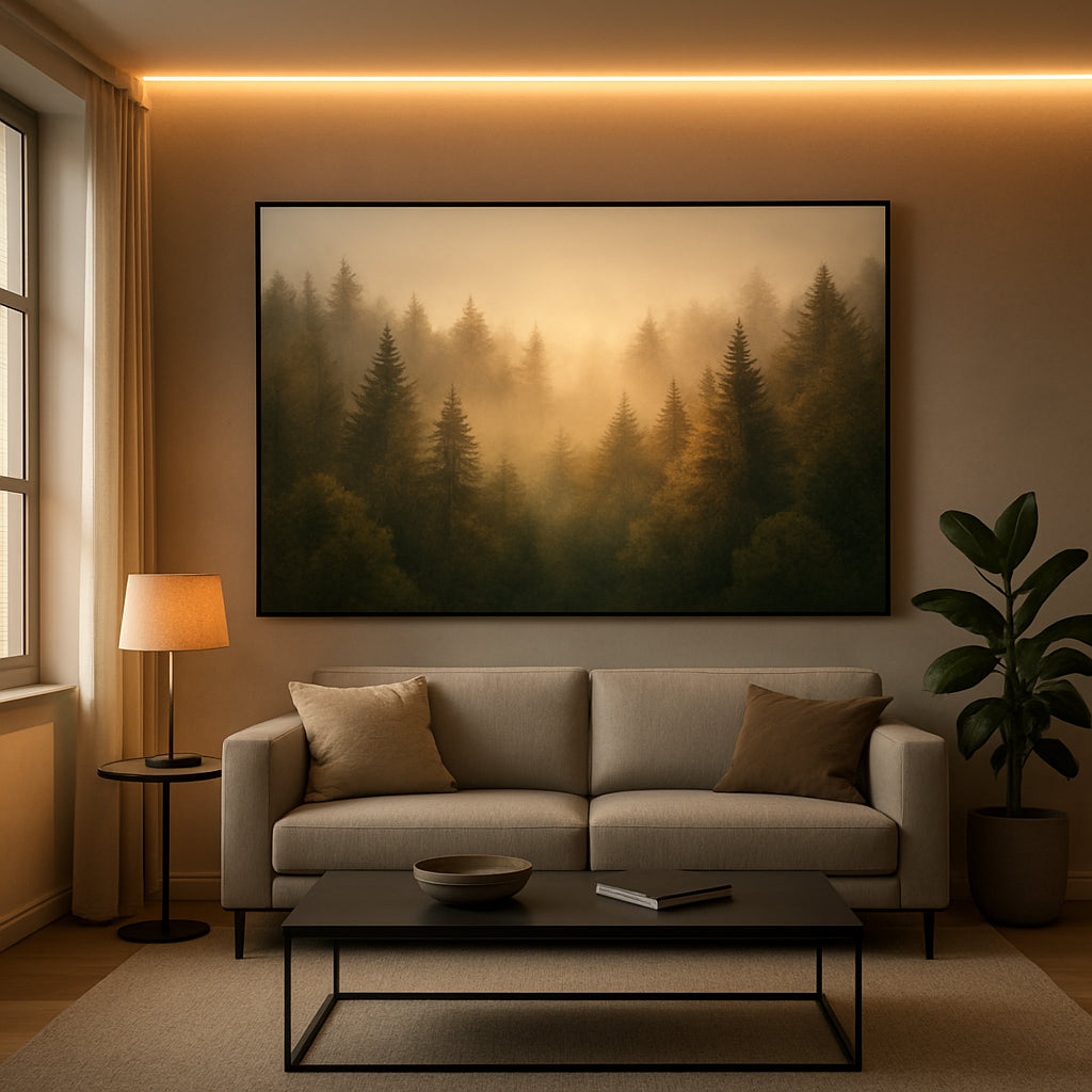 A modern living room featuring a large modern nature wall art print of a misty forest landscape, warm LED lighting accentuating the trees, a sleek coffee table, and a subtle indoor plant. Alt: modern nature wall art prints forest landscape décor.