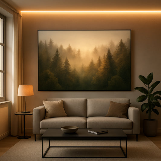 A modern living room featuring a large modern nature wall art print of a misty forest landscape, warm LED lighting accentuating the trees, a sleek coffee table, and a subtle indoor plant. Alt: modern nature wall art prints forest landscape décor.