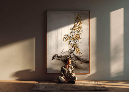 A cozy living room with a Rebirth art print hanging above a modern sofa, soft natural light streaming through tall windows. Alt: Rebirth art print in a contemporary living space.