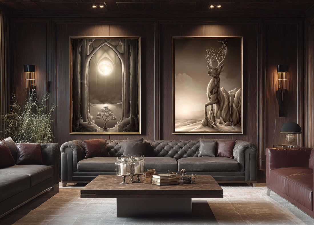 A living room with a large animal print hanging above a sofa, warm lighting, and minimalist décor. Alt: Animal print hanging in a modern living room