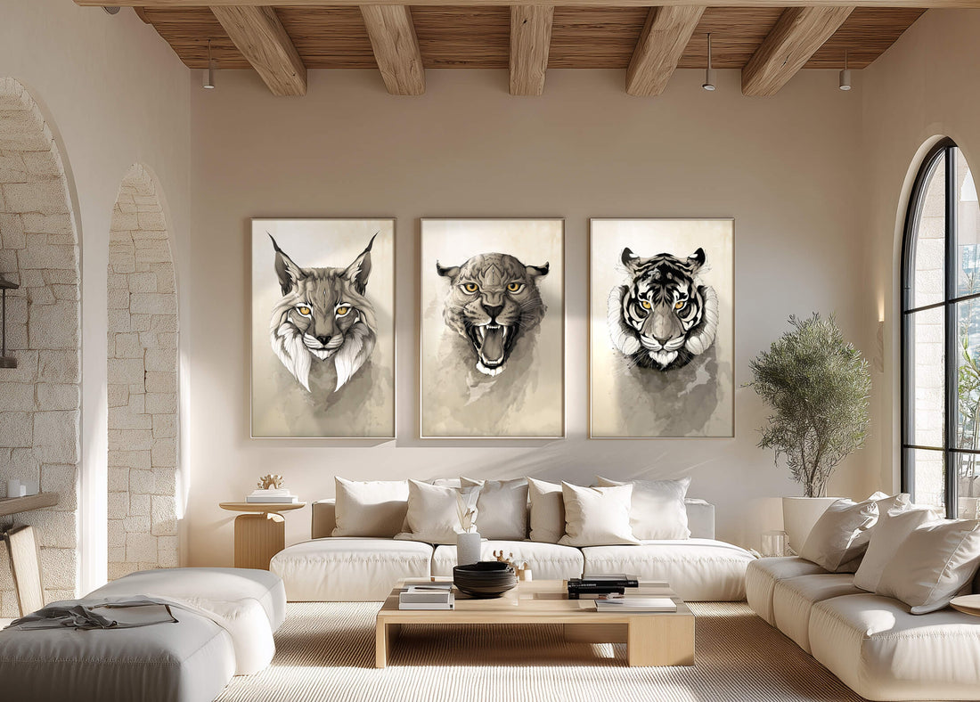 A sleek modern living room with a large wolf art print hanging above a neutral sofa, soft natural light highlighting the print’s texture. Alt: wolf art print wall decor for contemporary interior design