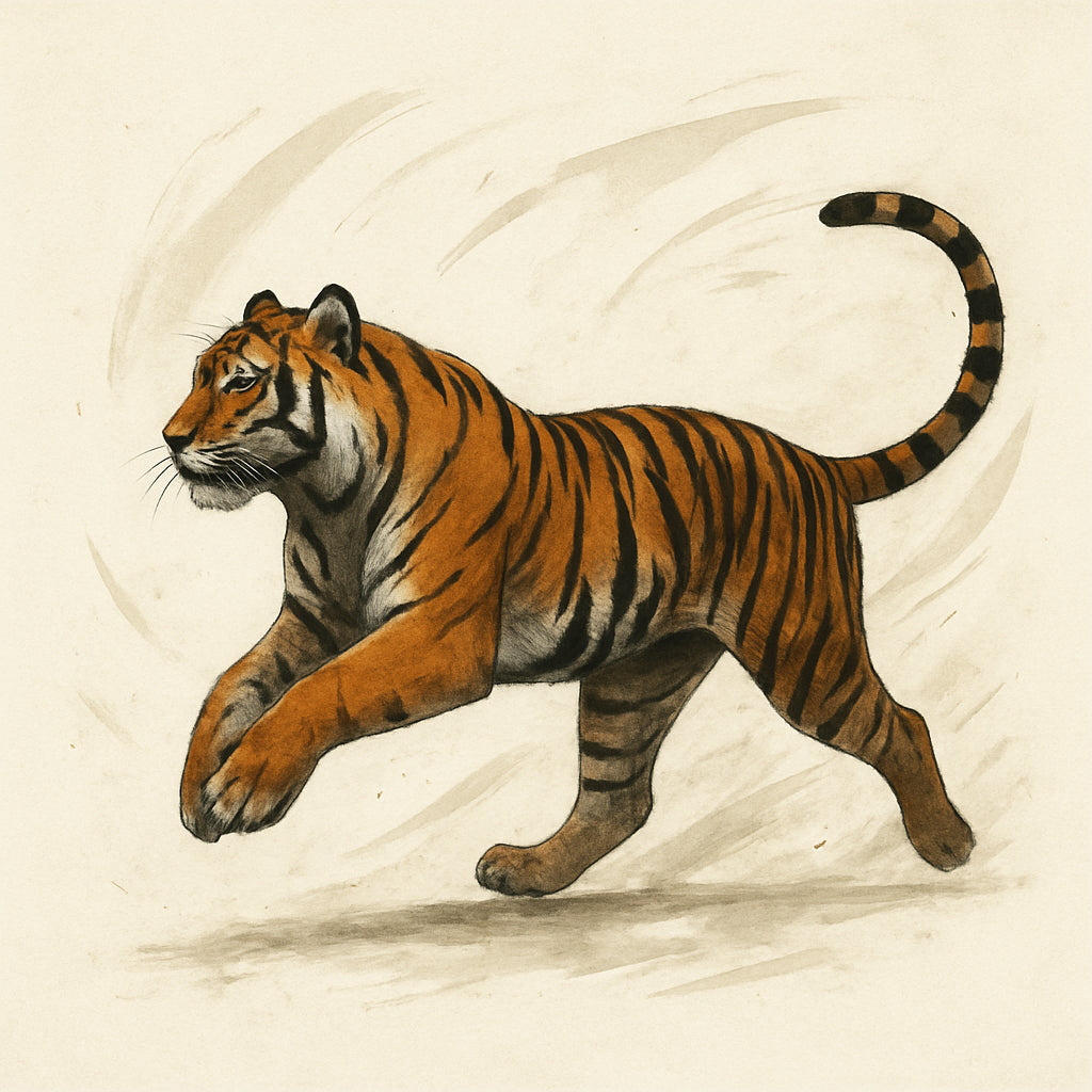 A contemporary wildlife art print featuring a dynamic tiger silhouette on a minimalist background, surrounded by subtle abstract elements that hint at movement. Alt: Contemporary wildlife art print with dynamic composition.
