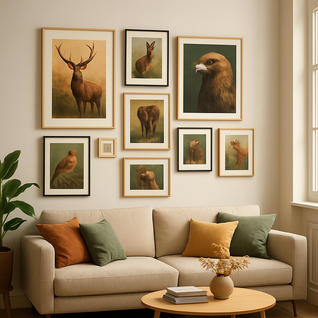 A vibrant gallery wall featuring a collection of wildlife prints in varying sizes and colors, centered in a modern living room with natural light. Alt: Gallery wildlife prints theme selection