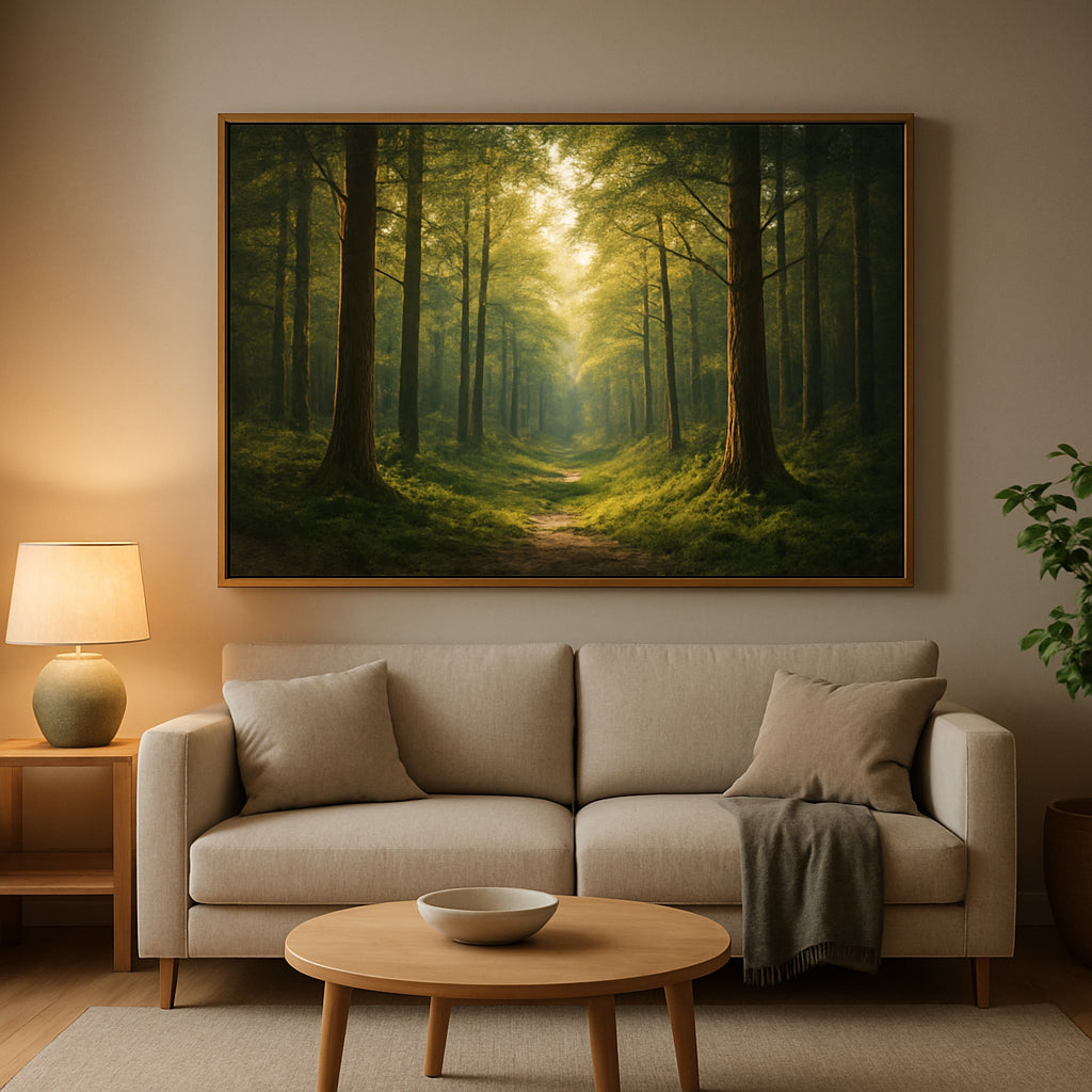 A modern living room with a large 24×36 nature-inspired canvas print of a forest scene hanging above a low sofa, natural wood frame, soft ambient lighting. Alt: Nature-inspired canvas print hanging in a modern living room