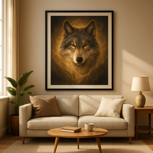 A sunlit living room with a large wolf spirit animal wall art print centered above a modern sofa, warm natural light highlighting the print’s details. Alt: spirit animal wall art wolf print in a stylish living room