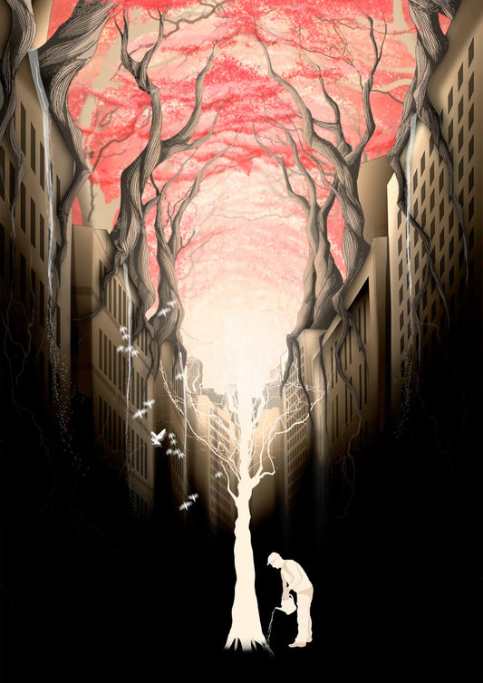 Growing Red Forest above the City Art Print