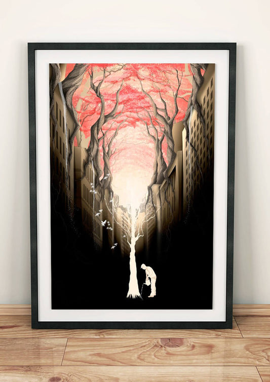 Impresión artística "Bosque rojo en crecimiento sobre la ciudad"