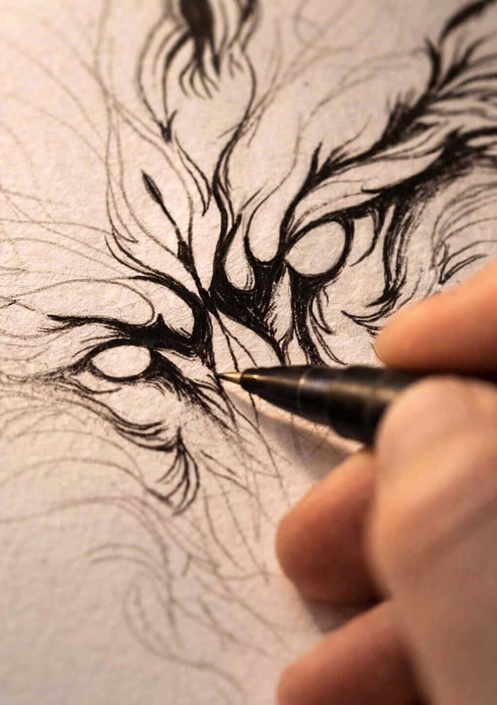 Wolf sketch drawing process, symbolic animal artwork pencil lines, fine art creation detail close up