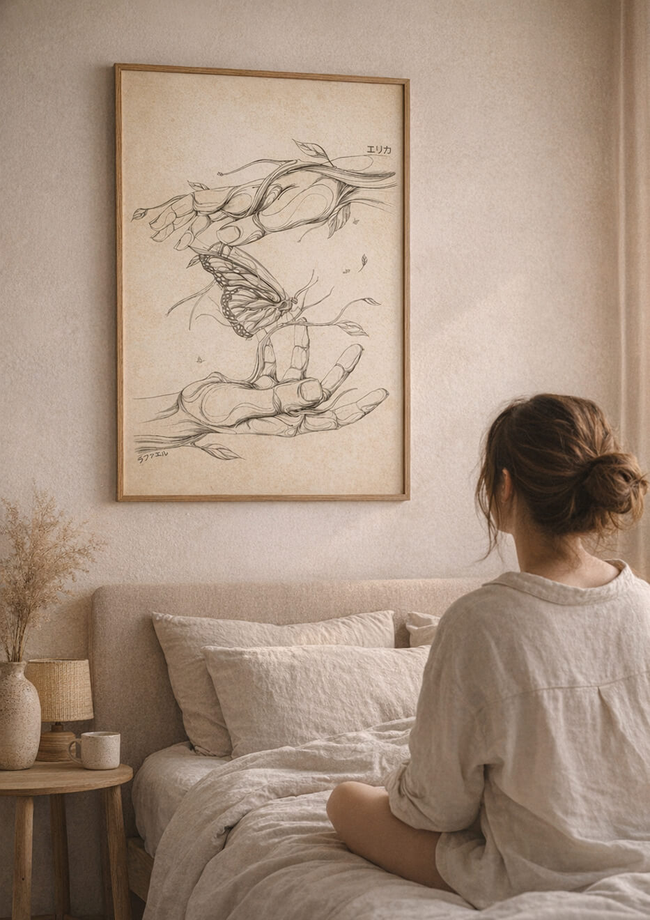 Minimal bedroom wall art with butterfly and hands fine art print, calm and intimate neutral space decor
