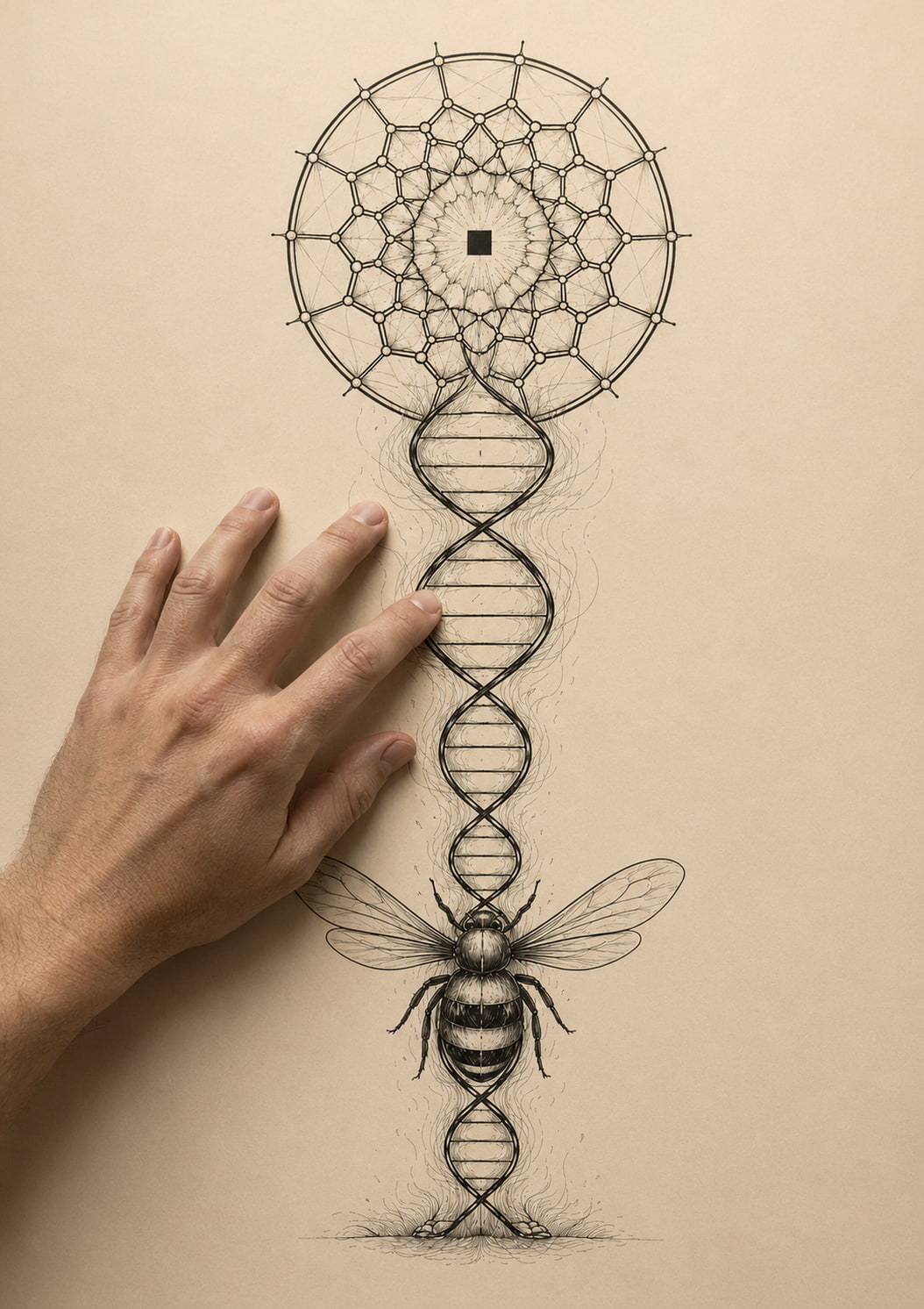 Close-up detail of The Architecture of Life art print showing fine ink linework and premium textured paper