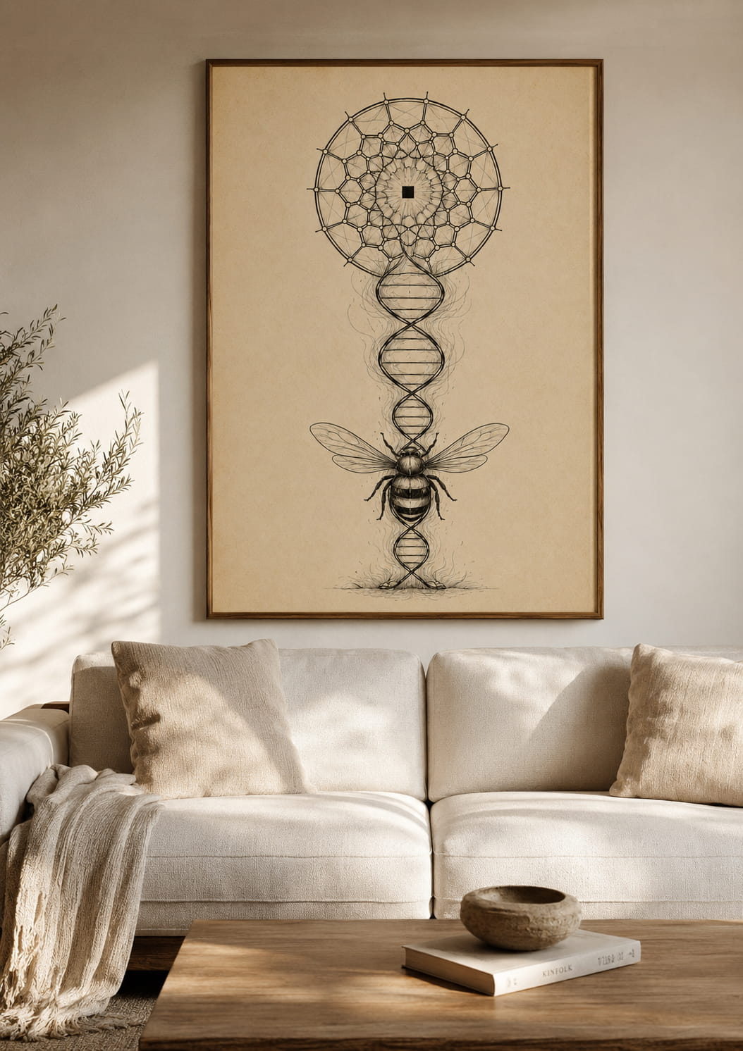 Large bee wall art above sofa in warm living room, meaningful wall decor for modern homes