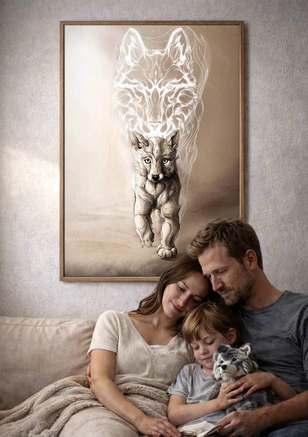 Wolf wall art print in family living room, parents and child sitting together on sofa, emotional home decor artwork