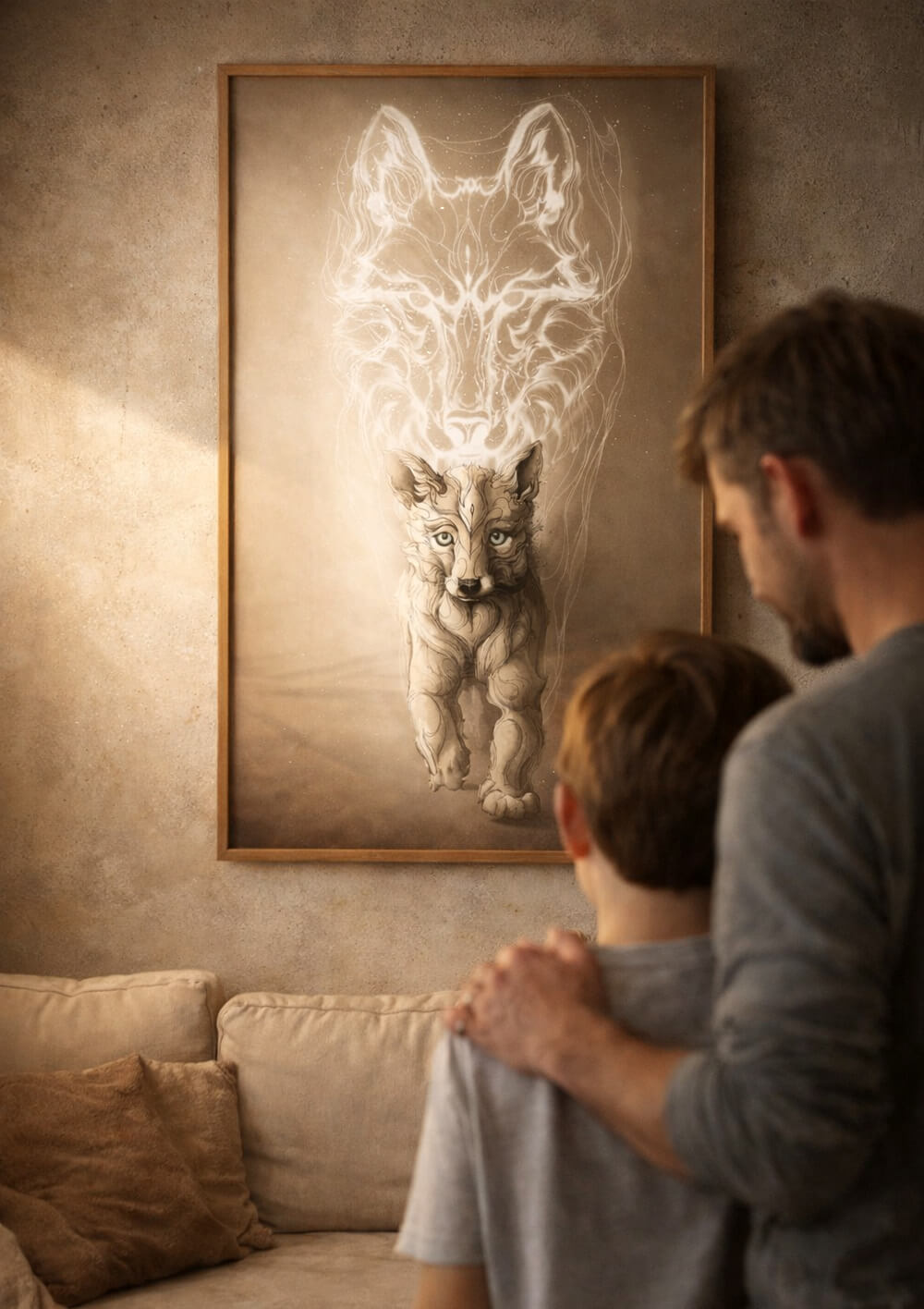 Father and son looking at wolf wall art print, large symbolic animal artwork in living room
