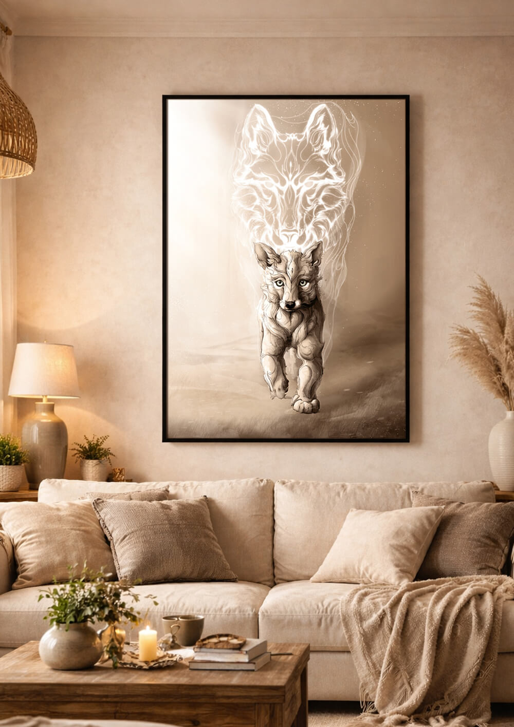 Large wolf wall art above sofa in modern living room, neutral home decor with warm tones