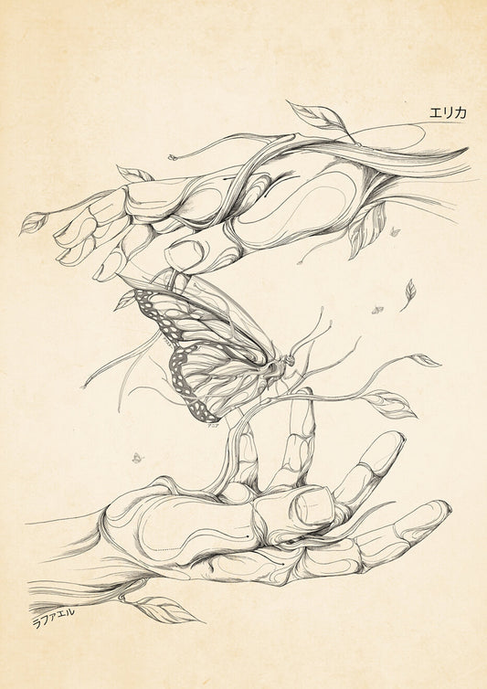 Fine art print of two hands holding a butterfly, minimal line drawing on warm neutral background, symbolic wall art by Rafapasta