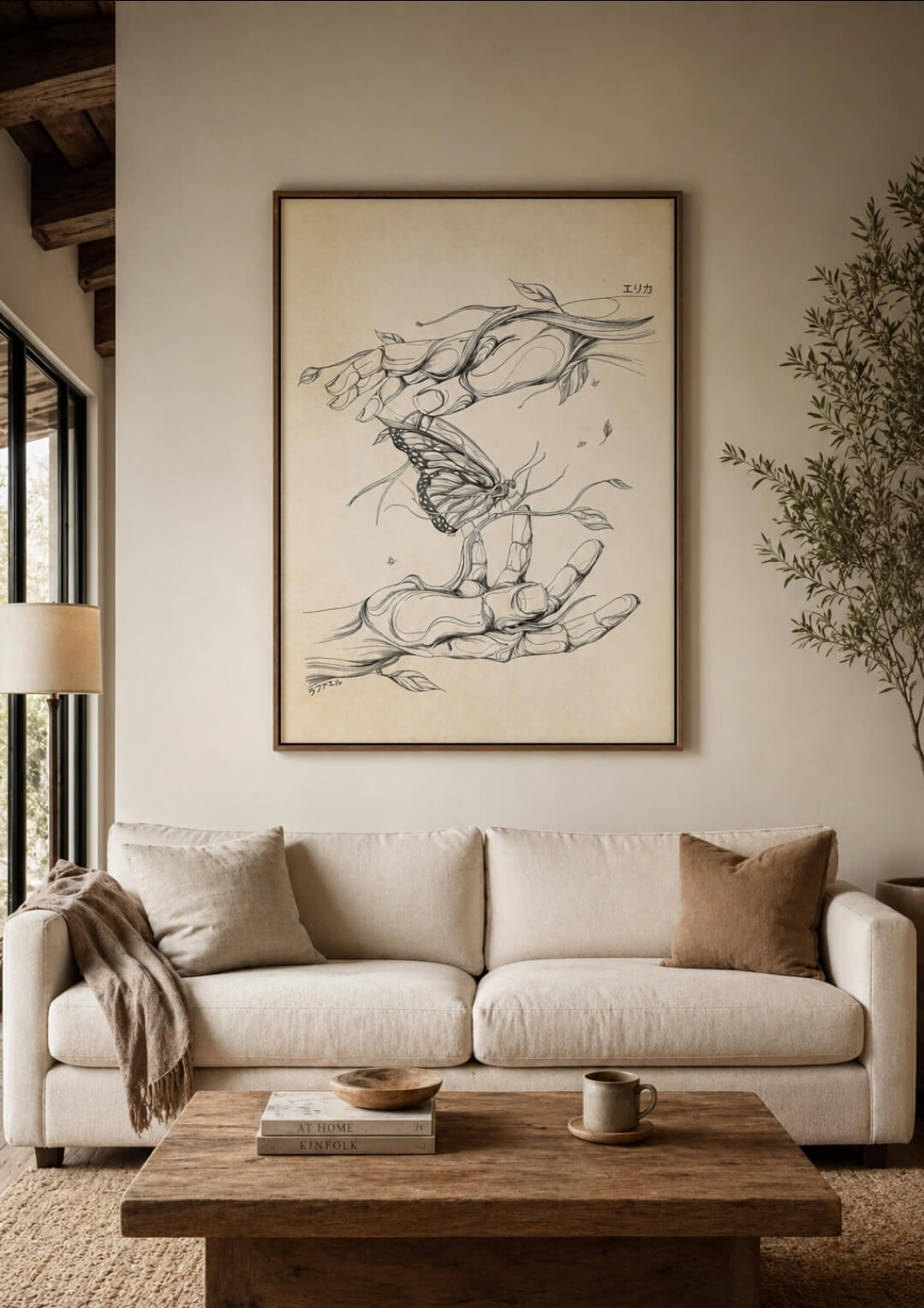 Large butterfly wall art above sofa in neutral living room, modern beige interior decor, framed fine art print