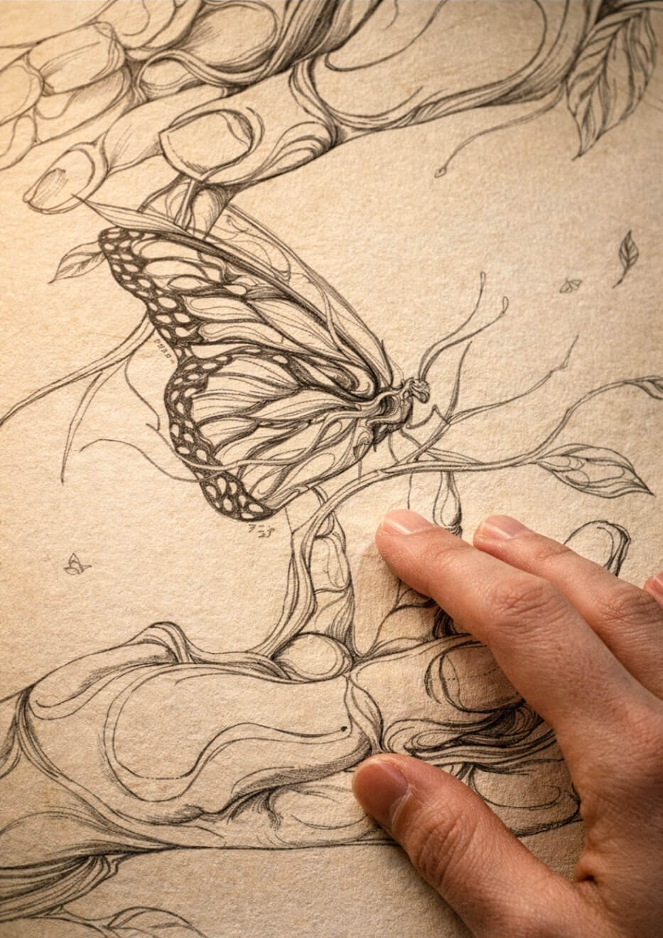 Close-up of butterfly wall art texture on fine art paper, hand touching detailed print surface