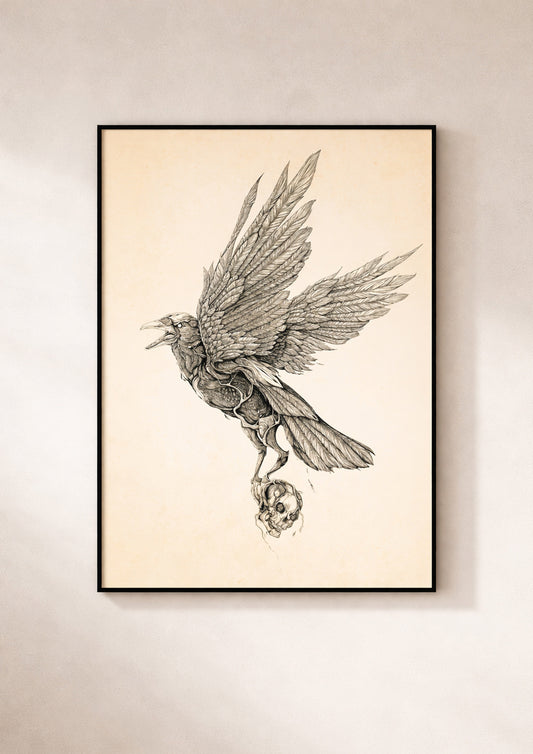 crow art print minimalist wall decor, large raven artwork in black frame, modern symbolic fine art for living room or bedroom