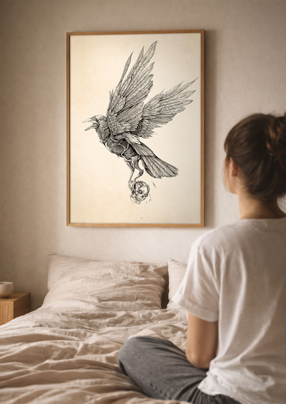 large crow wall art above bed, neutral bedroom decor with modern fine art print, symbolic raven artwork for calm minimalist home