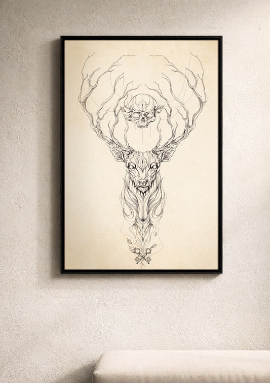 Deer skull fine art print in black frame on minimal textured wall, modern gallery style large wall art