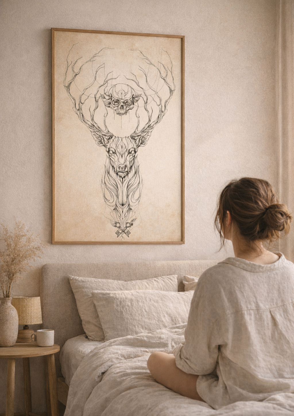 Deer skull wall art in calm bedroom, symbolic spiritual decor creating intimate and reflective atmosphere