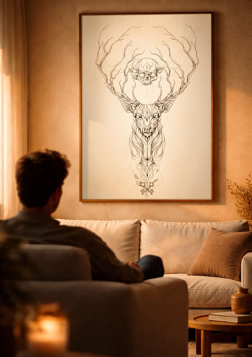 Large deer skull wall art above sofa in warm living room, symbolic fine art print creating calm and depth in home interior