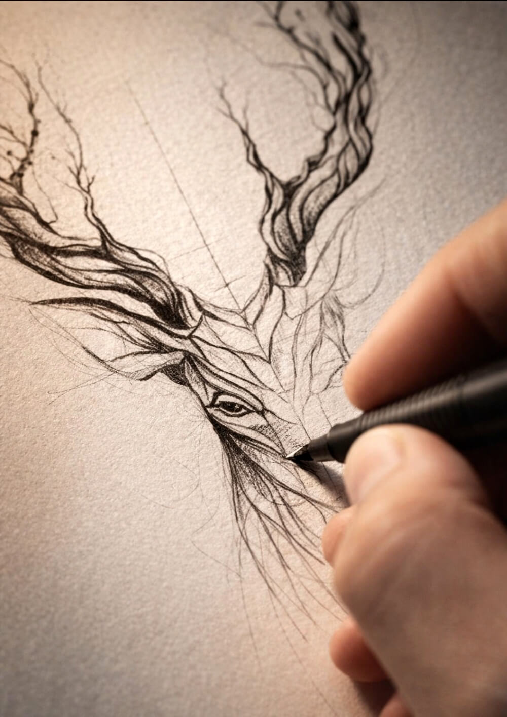 Deer tree sketch drawing process, symbolic animal artwork pencil lines, fine art creation detail close up