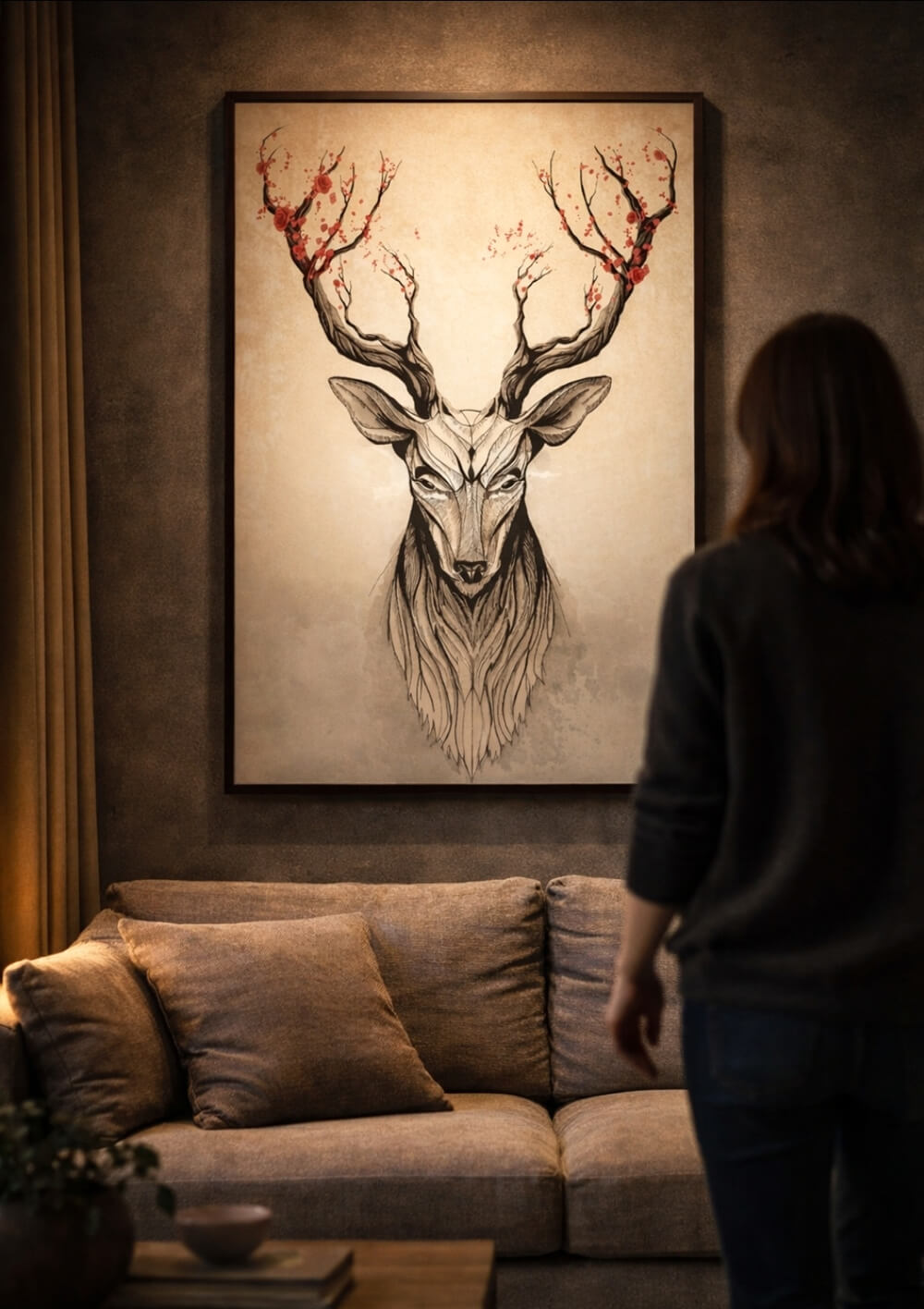 Deer wall art print in living room, nature inspired large artwork above sofa, warm neutral home decor