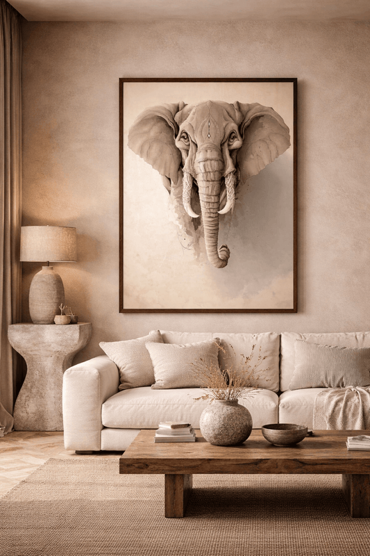 Framed elephant wall art print in neutral tones for modern home decor