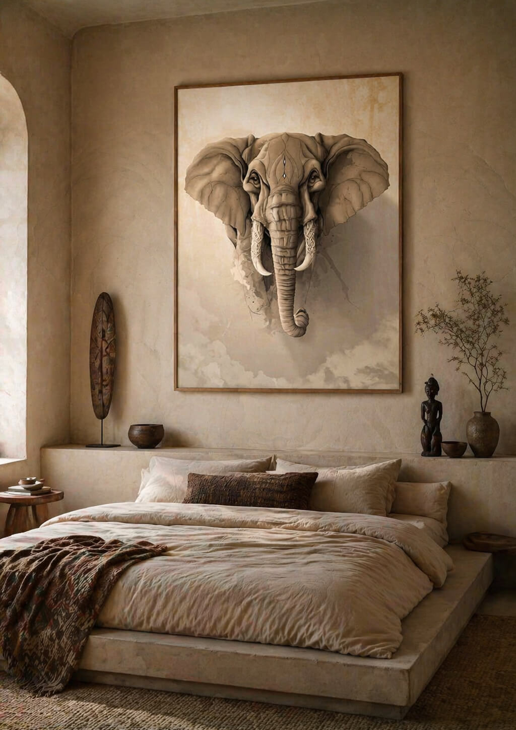 Elephant wall art above bed in warm bedroom, large framed animal print creating calm and grounding space
