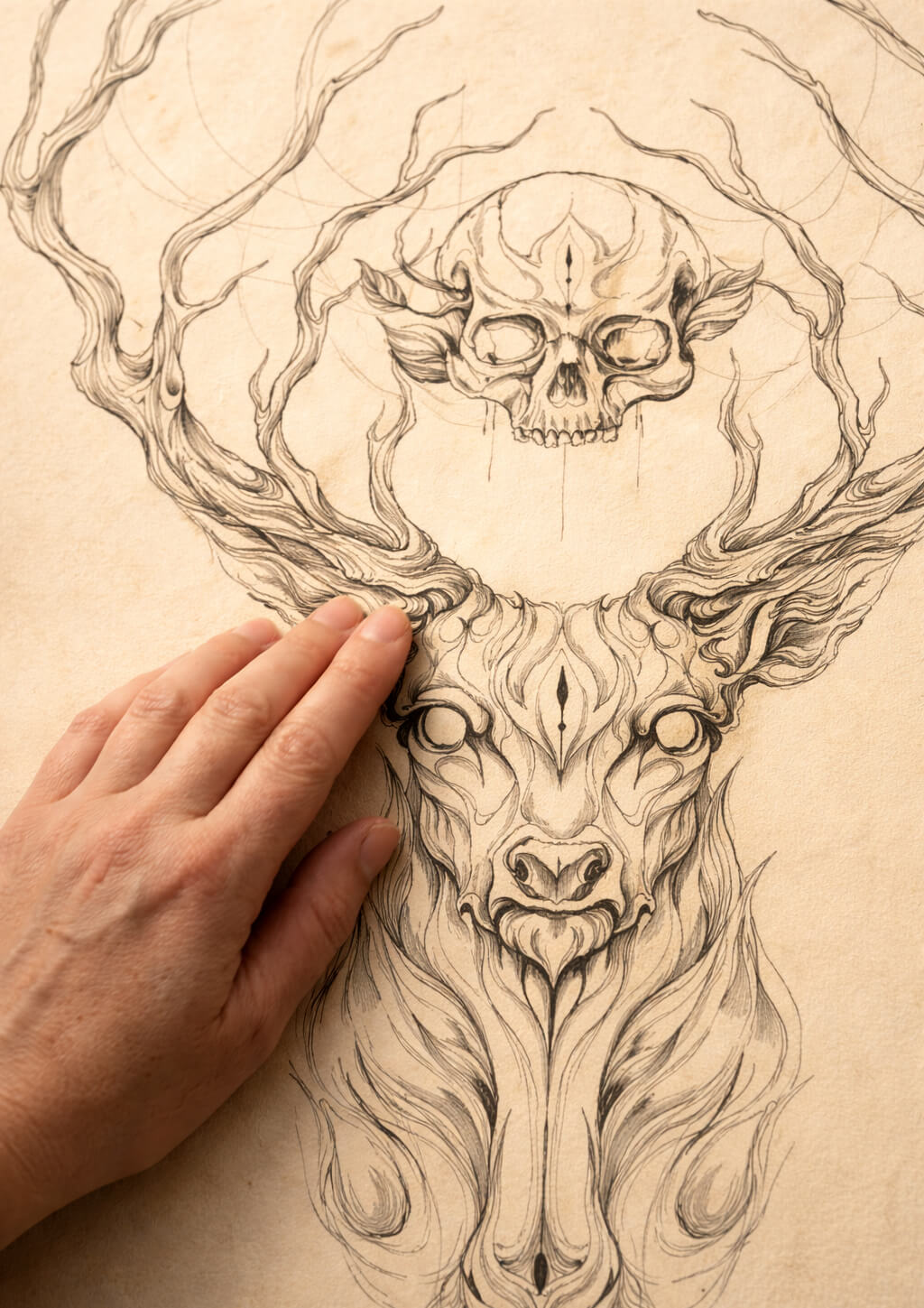 Close-up of fine art paper texture with deer skull drawing, hand touching premium print surface, high detail artwork