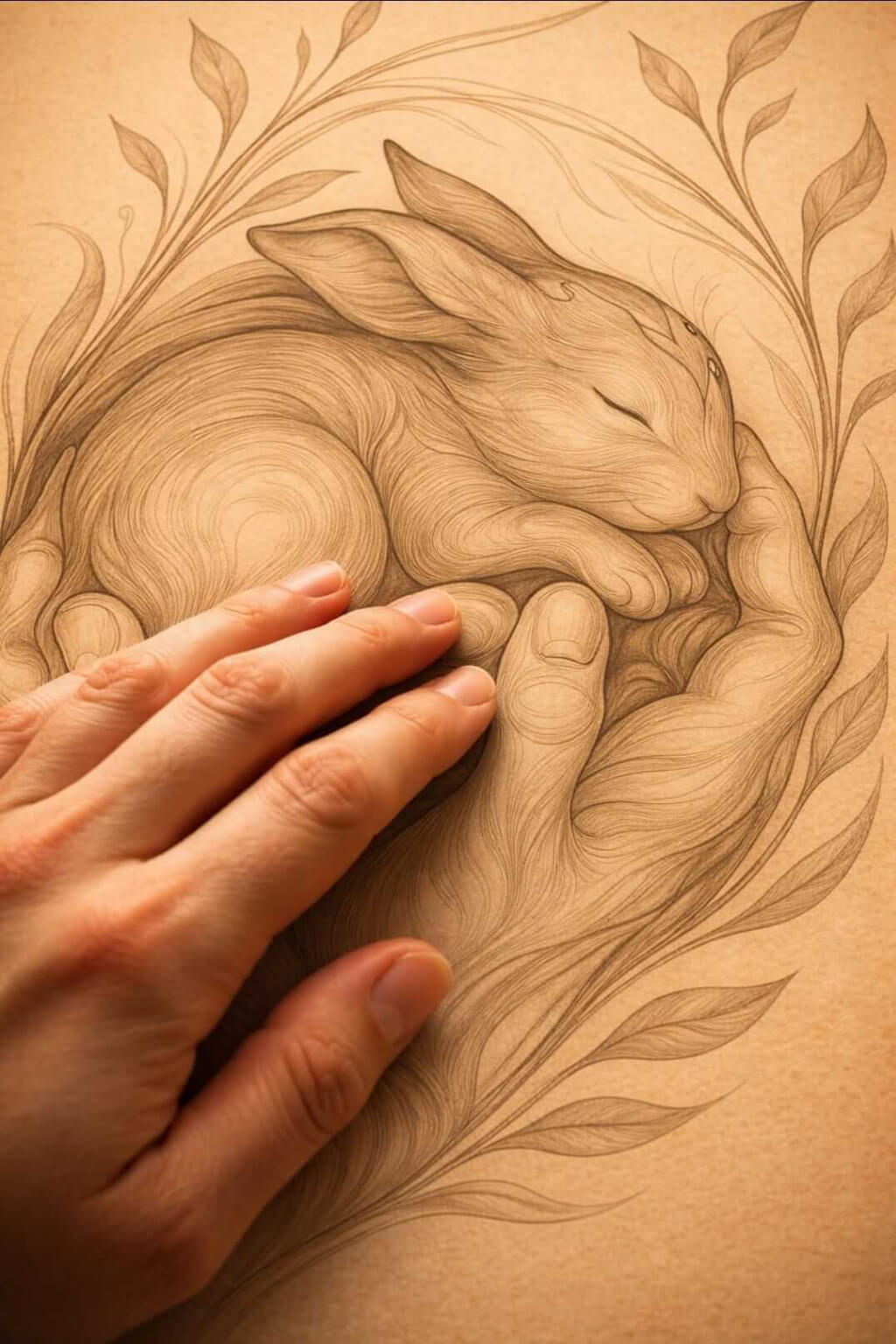 close up of fine art paper texture with hand touching animal artwork, premium print quality detail