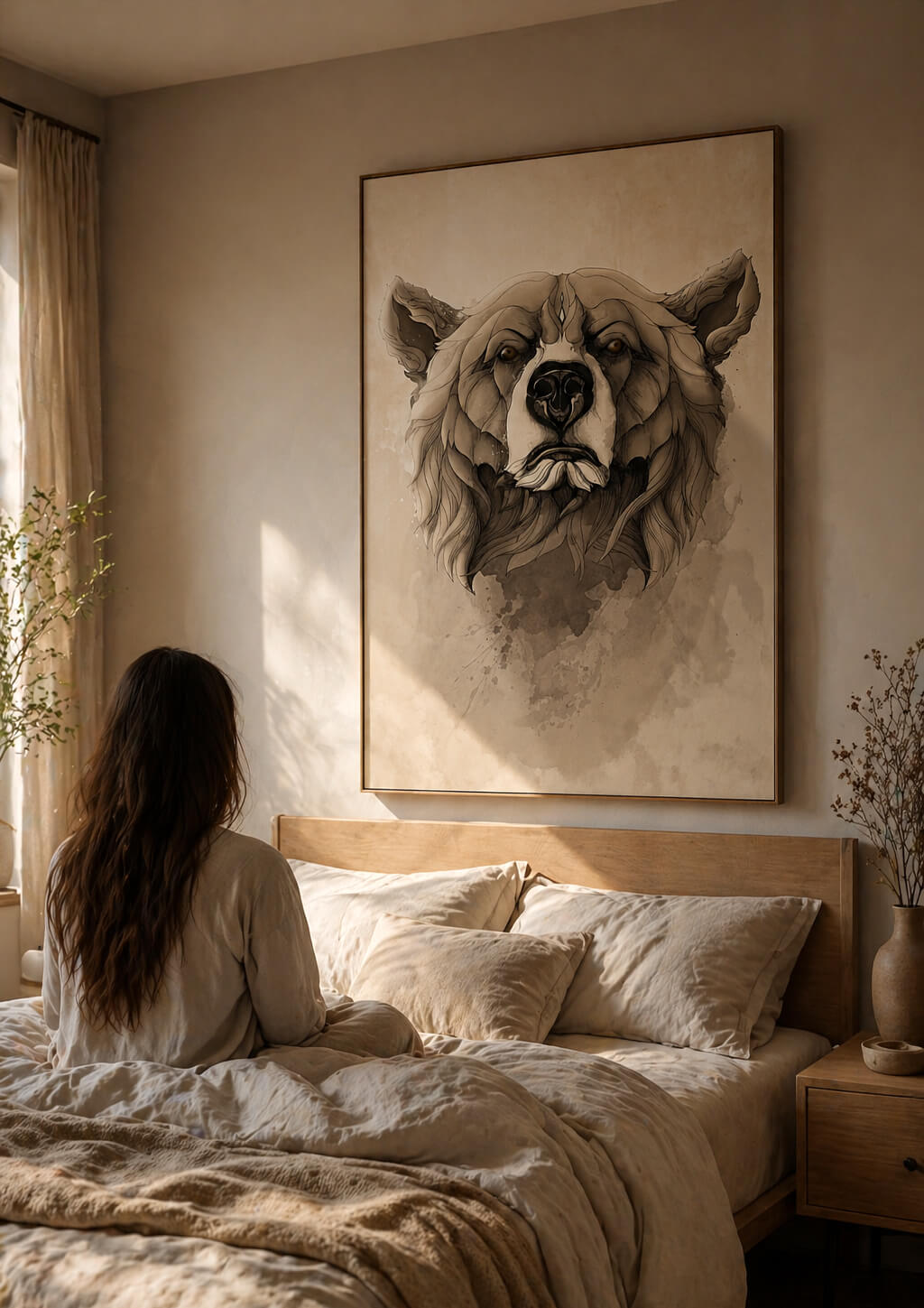 large grizzly bear wall art above bed in warm neutral bedroom, beige linen bedding, calm modern home decor