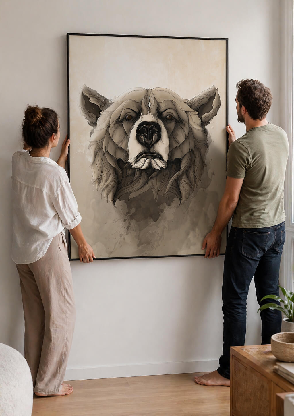 large grizzly bear wall art being placed on wall by couple, realistic A0 size, modern home interior, scale reference