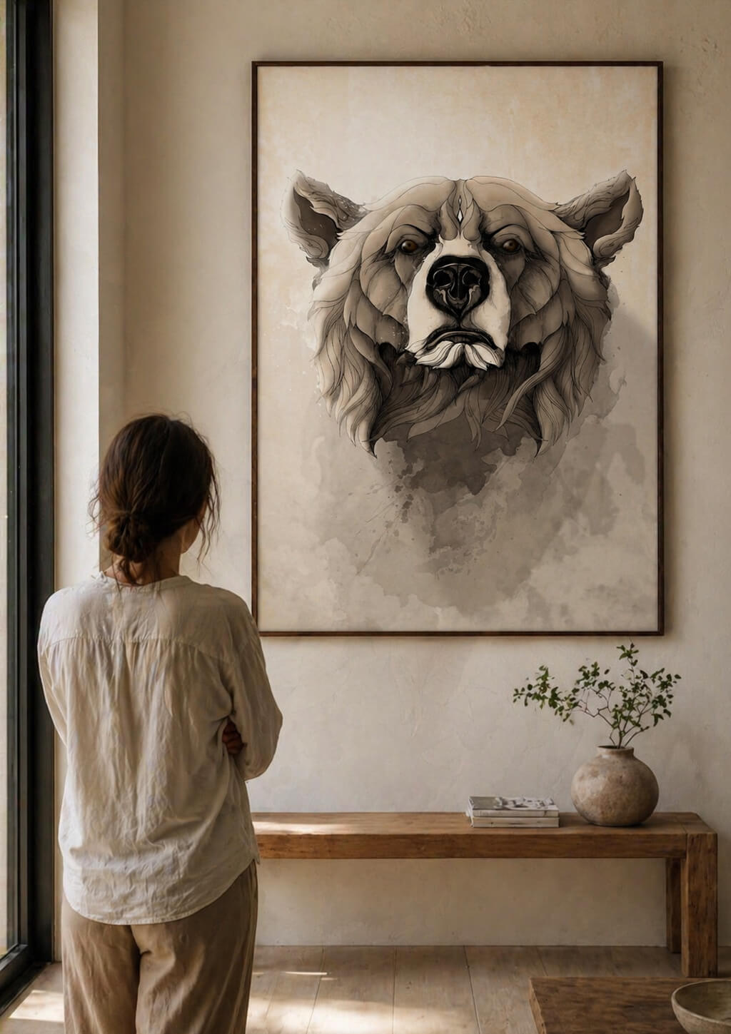 large grizzly bear wall art in modern neutral interior, person looking at artwork, minimal warm decor, statement piece