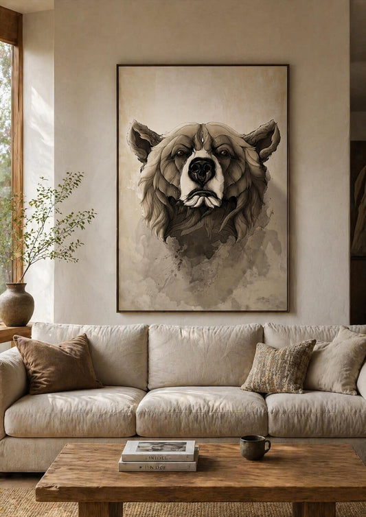 large grizzly bear wall art above sofa in modern living room, beige couch, neutral tones, cozy interior decor