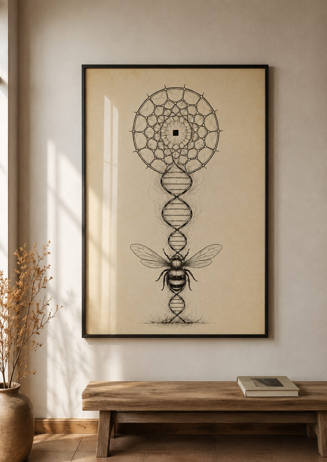 Large bee and DNA wall art displayed in a modern neutral interior, meaningful nature-inspired home decor