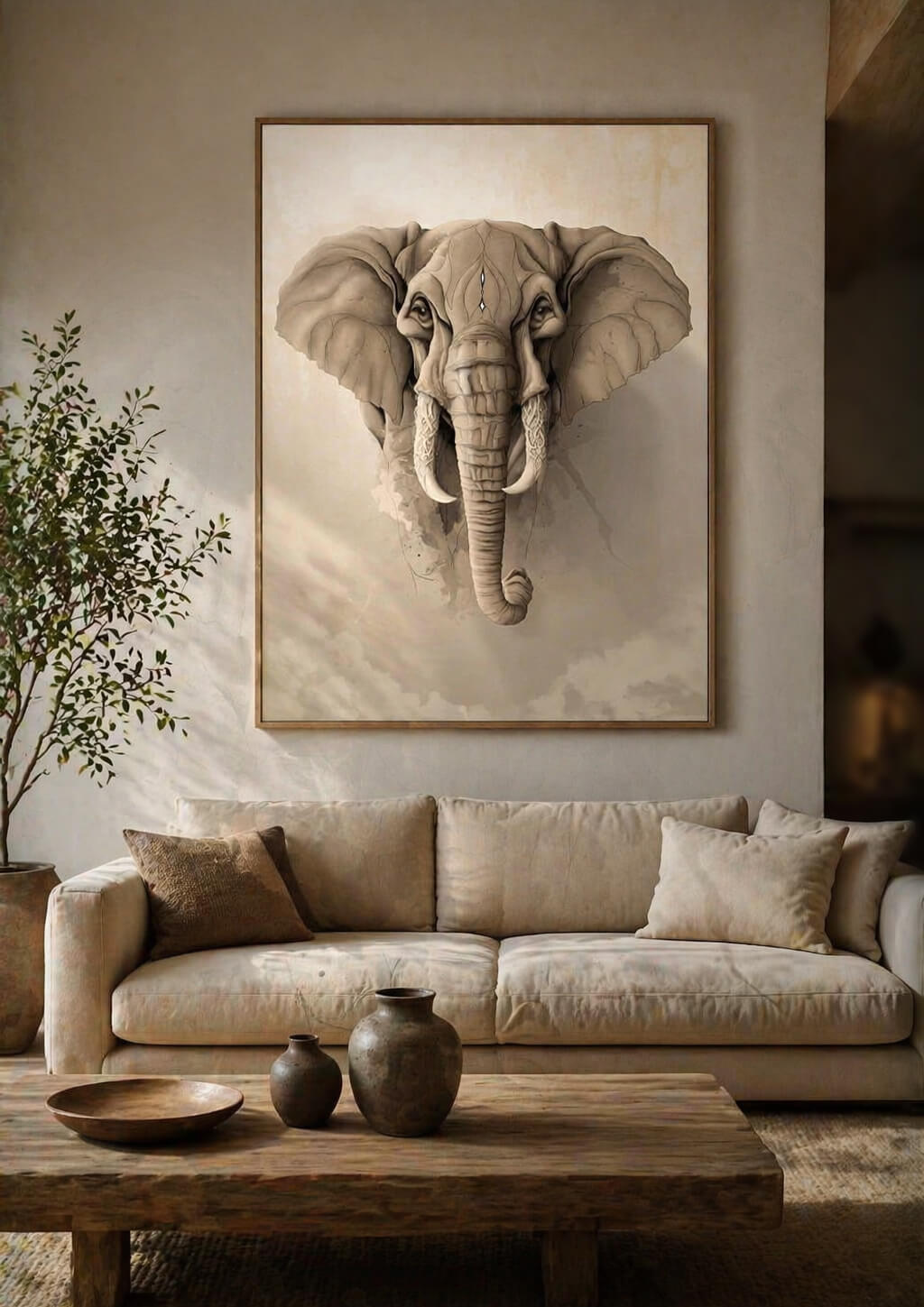 Large elephant wall art above sofa in modern living room, framed animal print as statement wall decor