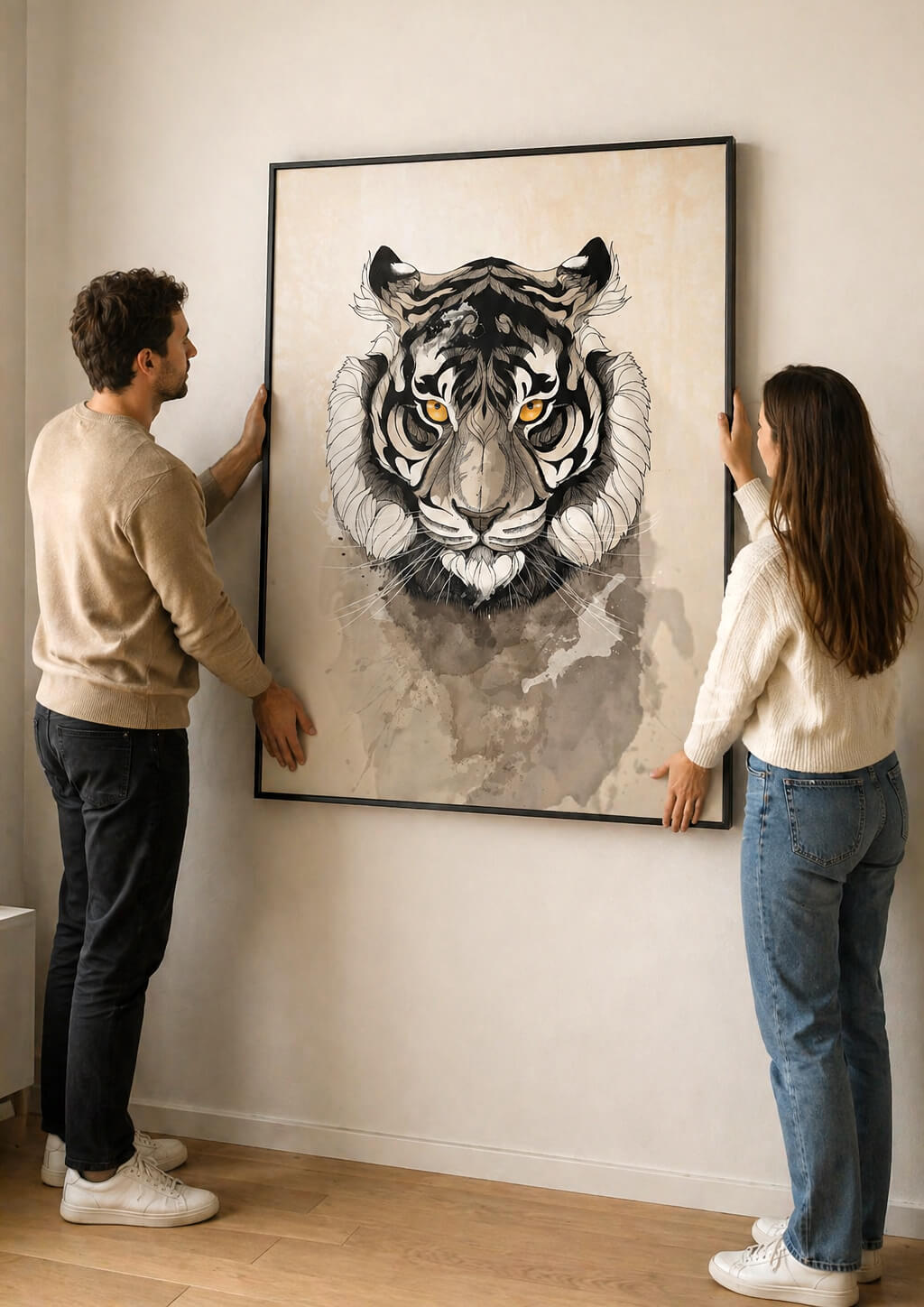 large tiger wall art being placed on wall by couple, realistic A0 size, modern home interior, scale reference