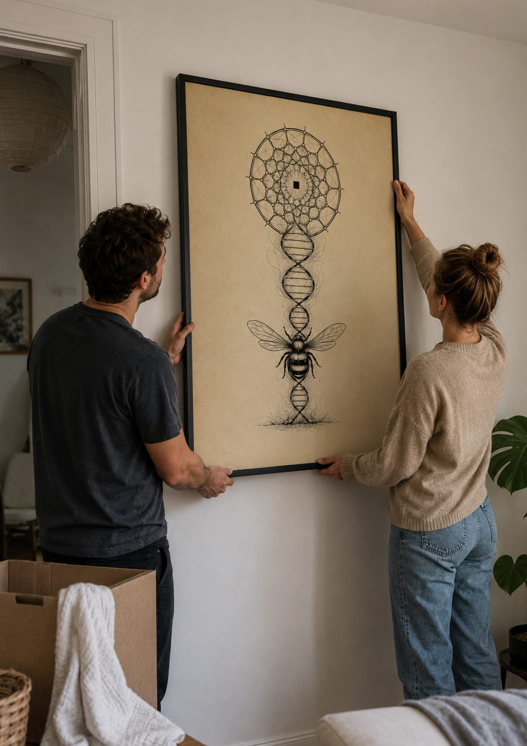 Couple hanging large bee DNA wall art print, showing realistic artwork size and scale in a home